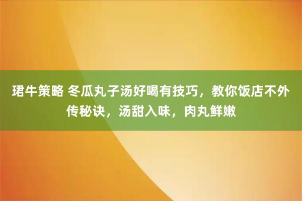 珺牛策略 冬瓜丸子汤好喝有技巧，教你饭店不外传秘诀，汤甜入味，肉丸鲜嫩